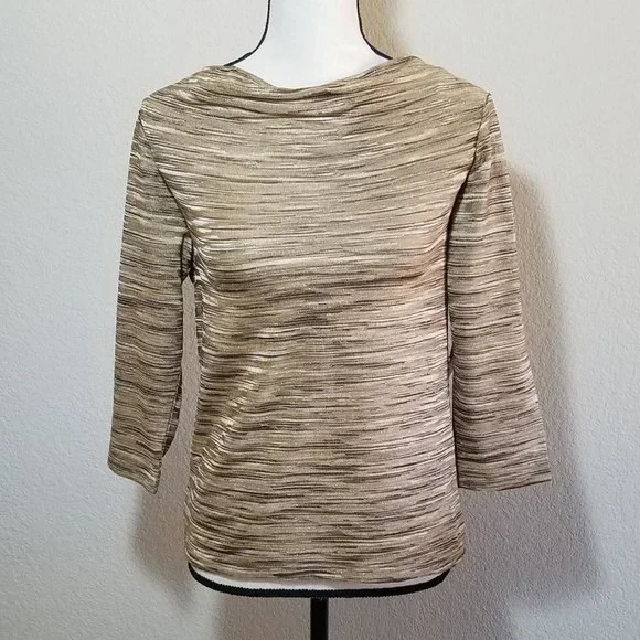Jones New York Petite Small Blouse Gold Beige Brown 3/4 Sleeve Top SP Metallic - Picture 1 of 4